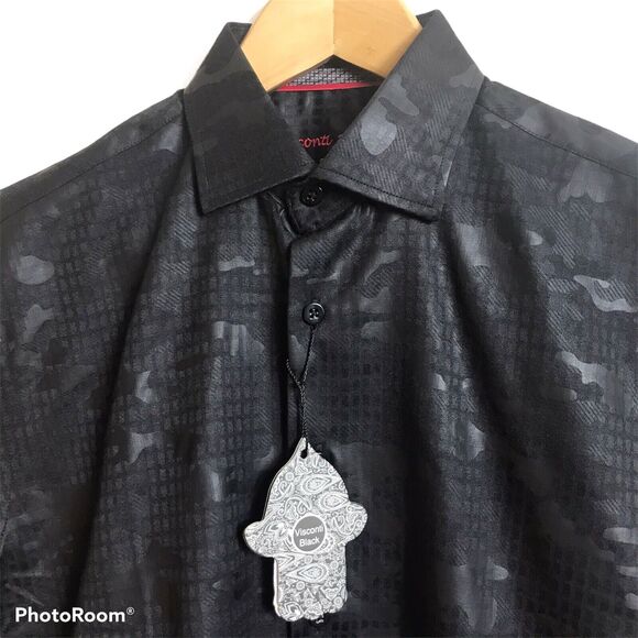 VISCONTI BLACK Shirt Mens Modern Camo Long Sleeve Black on Black Small $145